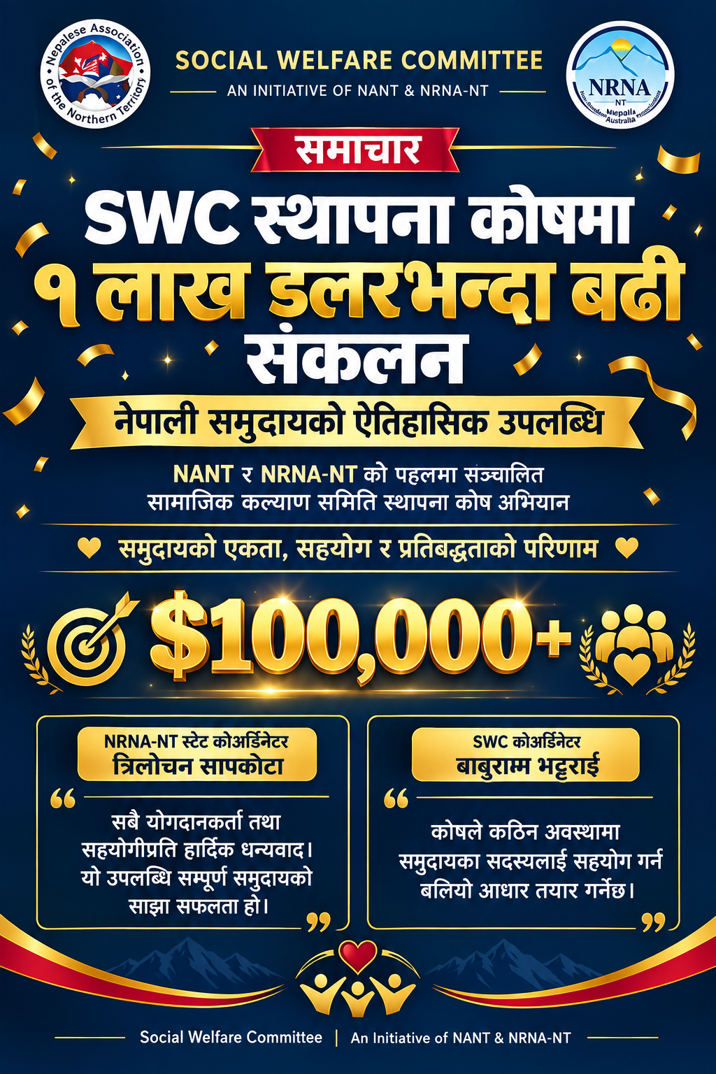 SWC स्थापना कोषमा १ लाख डलरभन्दा बढी संकलन, नेपाली समुदायको ऐतिहासिक उपलब्धि